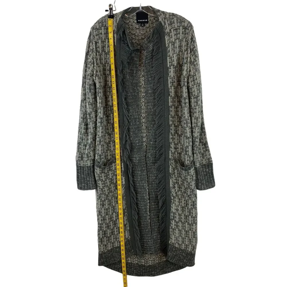 Trouve Gray Acrylic Knit Fringe Trim Long Cardigan Duster Sweater Size Large